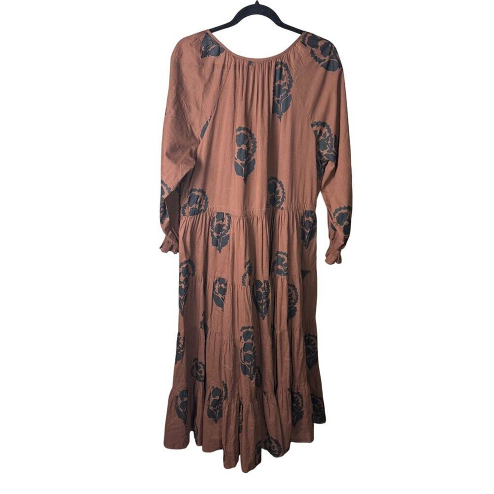 Anthropologie Omika Tiered Midi Long Sleeve Boho Resort Dress Brown Tassel XL - Picture 7 of 9
